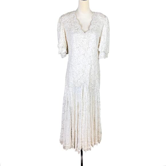 Vintage Laurence Kazar Full Length Pearl Beaded Lacy V Neck Wedding Dress - Picture 1 of 15